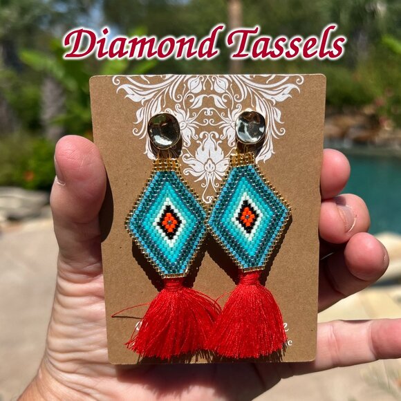 Handmade Beaded Tassel Fringe Dangle Drop Bohemian Post Diamond Earrings  Wow! - Picture 9 of 9